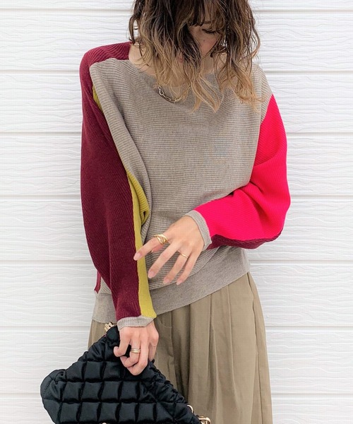 Q(キュー)の「ブロックカラー横リブドルマンニット(ニット/セーター・レディース・ブラック/パープル/アイボリー/バーガンディー/ライトグレー/ベージュ/マスタード/ネイビー/グレー系その他/ホワイト系その他・MEDIUM)」の16枚目の写真