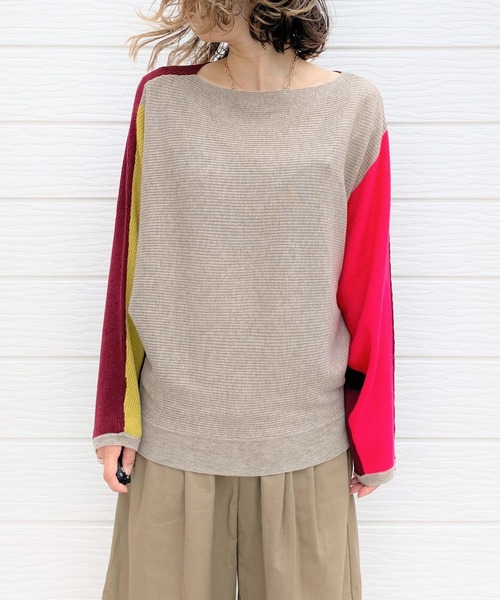 Q(キュー)の「ブロックカラー横リブドルマンニット(ニット/セーター・レディース・ブラック/パープル/アイボリー/バーガンディー/ライトグレー/ベージュ/マスタード/ネイビー/グレー系その他/ホワイト系その他・MEDIUM)」の11枚目の写真