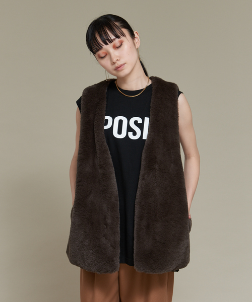 NOMINE（ノミネ）の「【2WAY】ファー×チェックリバーシブルベスト（ベスト・レディース・チャコールグレー/ブラウン・フリー）」の9枚目の写真