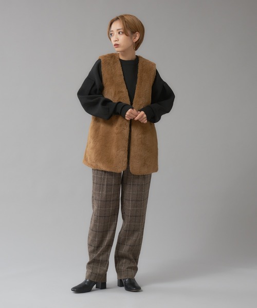 NOMINE（ノミネ）の「【2WAY】ファー×チェックリバーシブルベスト（ベスト・レディース・チャコールグレー/ブラウン・フリー）」の6枚目の写真