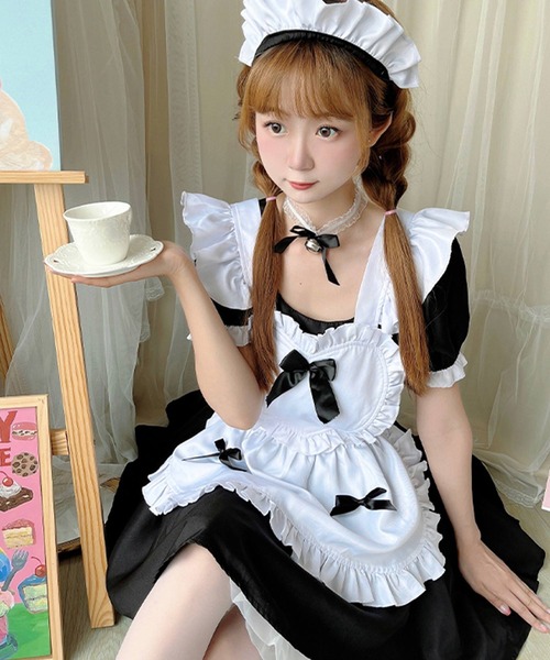 OSYAREVO（オシャレボ）の「コスプレ リボン×フリル ミニスカメイド レディース ホワイトデー 記念日（コスチューム/パーティーグッズ・レディース・ブラック/レッド・SMALL/MEDIUM/LARGE/X-LARGE/XX-LARGE）」の10枚目の写真