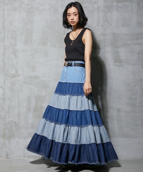 GEVS.(ジェイヴィス)の「<大きいサイズ> 綿100%デニムティアードマキシスカート GEVS.(スカート・レディース・ブルー系2/ブルー系1・4L/5L/L/LL/3L)」の17枚目の写真