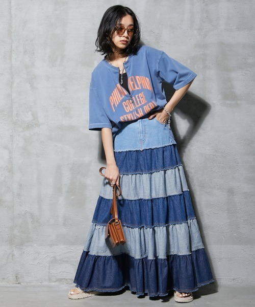 GEVS.(ジェイヴィス)の「<大きいサイズ> 綿100%デニムティアードマキシスカート GEVS.(スカート・レディース・ブルー系2/ブルー系1・4L/5L/L/LL/3L)」の14枚目の写真