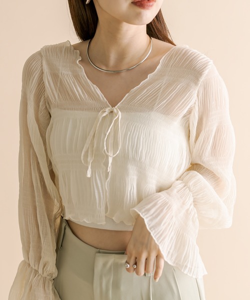 mline（エムライン）の「[mline]シアー楊柳ショートブラウス（シャツ/ブラウス・レディース・ピンク/グリーン/アイボリー/ブラック・FREE）」の6枚目の写真