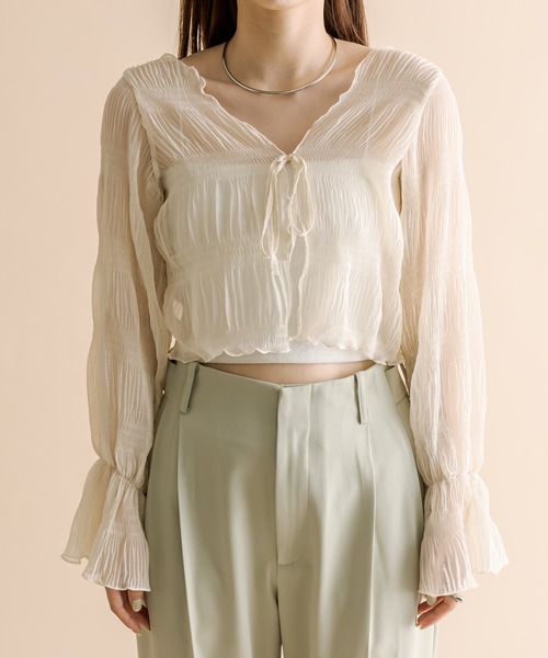 mline（エムライン）の「[mline]シアー楊柳ショートブラウス（シャツ/ブラウス・レディース・ピンク/グリーン/アイボリー/ブラック・FREE）」の8枚目の写真