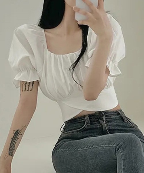 gossip!ロサンゼルス(ゴシップロサンゼルス)の「YUGA スクエアカラー バックリボントップス(シャツ/ブラウス・レディース・ブルー/ブラック/ピンク/オフホワイト・FREE)」の15枚目の写真