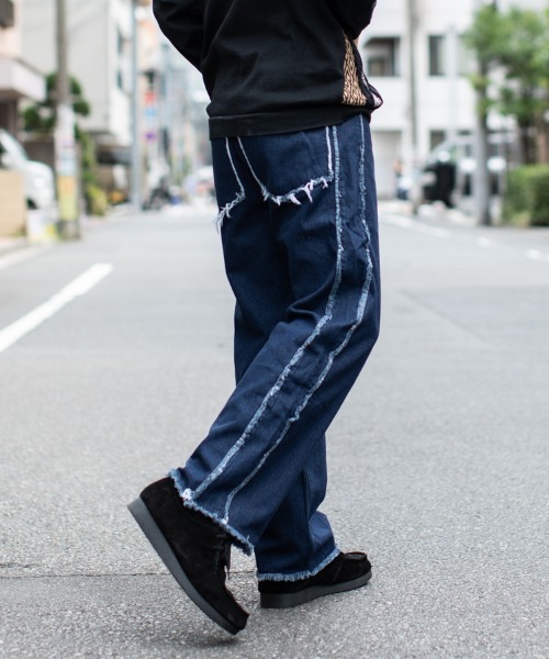 ニーカットフリンジデニムパンツ メンズ XL セール】10ozデニム カットオフ サイド フリンジ ラインパンツ（デニム
