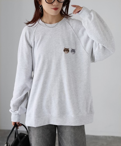 希少!即完売品! SIIILON 猫刺繍 スウェット グレー フリーサイズ セール】ネコ刺繍ラグランオーバーサイズ薄手スウェット