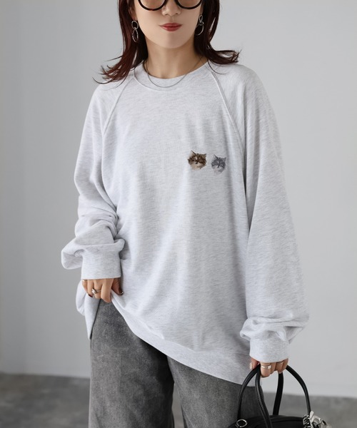 希少!即完売品! SIIILON 猫刺繍 スウェット グレー フリーサイズ 選べる猫29種！ワンポイント刺繍スウェット 名入れ可《選べる3