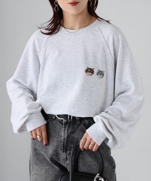 希少!即完売品! SIIILON 猫刺繍 スウェット グレー フリーサイズ 選べる6柄！ねこ刺繍スウェット 《ミックスグレー・ブラック