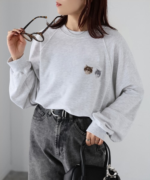 セール】ネコ刺繍ラグランオーバーサイズ薄手スウェット