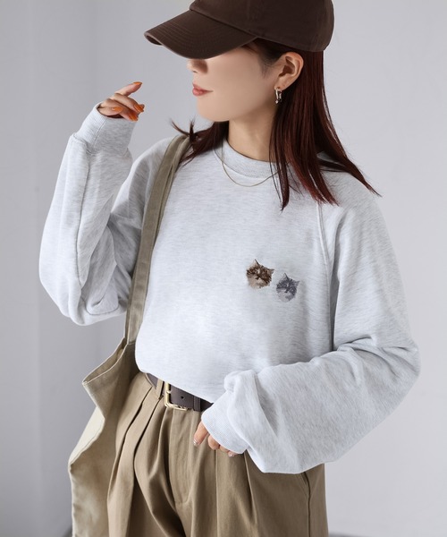 Riberry（リベリー）の「ネコ刺繍ラグランオーバーサイズ薄手スウェット（スウェット・レディース・チャコールグレー/オートミール・FREE）」の20枚目の写真