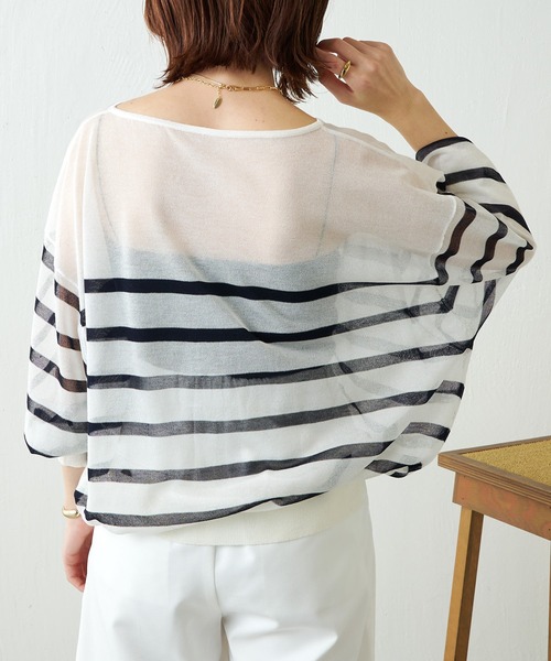 COLLAGE GALLARDAGALANTE（コラージュガリャルダガランテ）の「シアーボーダーニット（ニット/セーター・レディース・ホワイト/ネイビー・FREE）」の6枚目の写真