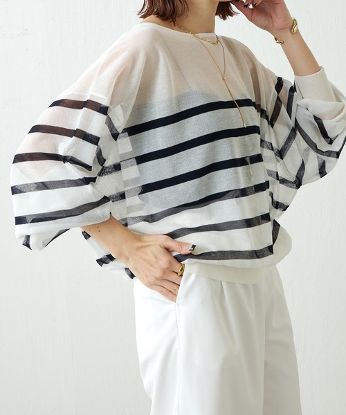 COLLAGE GALLARDAGALANTE（コラージュガリャルダガランテ）の「シアーボーダーニット（ニット/セーター・レディース・ホワイト/ネイビー・FREE）」の5枚目の写真