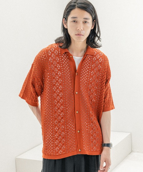 RAGEBLUE(レイジブルー)の「透かし編み/メッシュ/ビッグシルエット/ニットシャツカーディガン(シャツ/ブラウス・メンズ・ホワイト/ブラウン/ブルー/ブラック・MEDIUM/LARGE)」の4枚目の写真