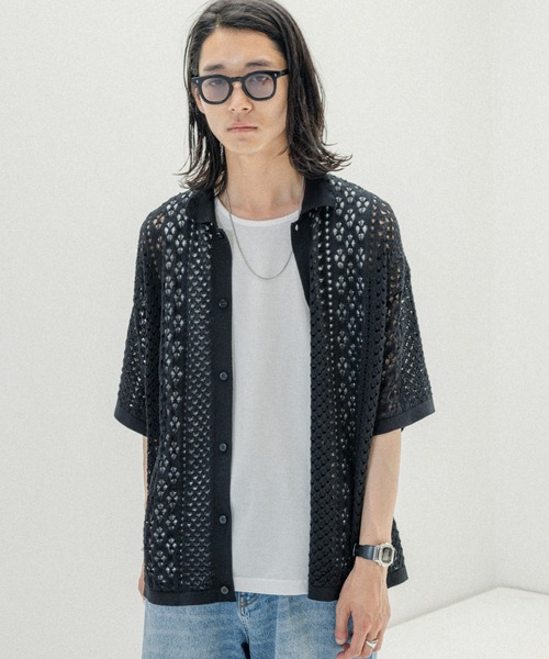 RAGEBLUE(レイジブルー)の「透かし編み/メッシュ/ビッグシルエット/ニットシャツカーディガン(シャツ/ブラウス・メンズ・ホワイト/ブラウン/ブルー/ブラック・MEDIUM/LARGE)」の3枚目の写真