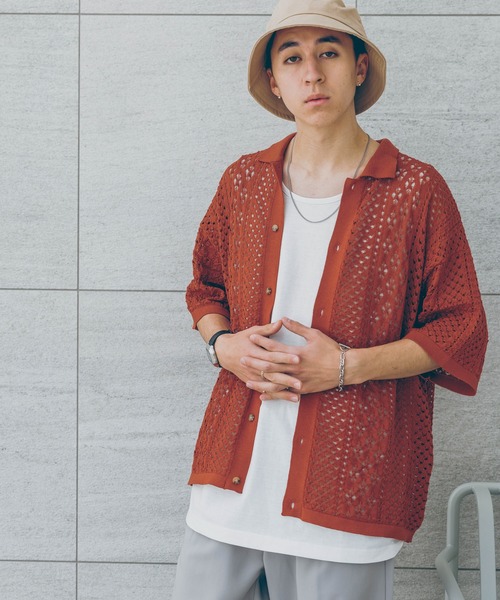 RAGEBLUE(レイジブルー)の「透かし編み/メッシュ/ビッグシルエット/ニットシャツカーディガン(シャツ/ブラウス・メンズ・ホワイト/ブラウン/ブルー/ブラック・MEDIUM/LARGE)」の20枚目の写真