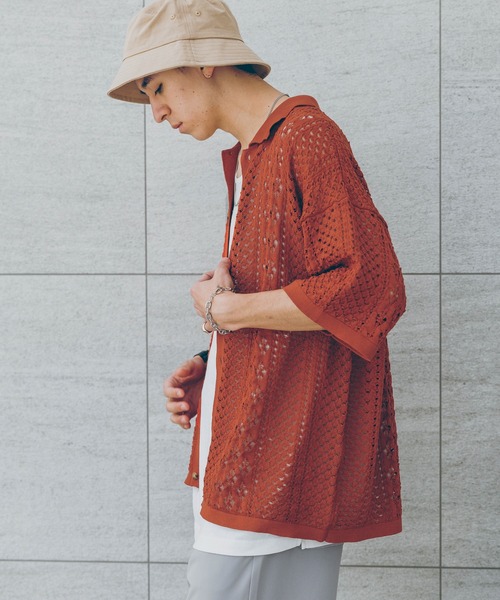 RAGEBLUE(レイジブルー)の「透かし編み/メッシュ/ビッグシルエット/ニットシャツカーディガン(シャツ/ブラウス・メンズ・ホワイト/ブラウン/ブルー/ブラック・MEDIUM/LARGE)」の21枚目の写真