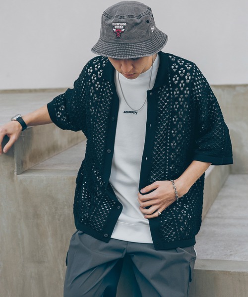 RAGEBLUE(レイジブルー)の「透かし編み/メッシュ/ビッグシルエット/ニットシャツカーディガン(シャツ/ブラウス・メンズ・ホワイト/ブラウン/ブルー/ブラック・MEDIUM/LARGE)」の15枚目の写真