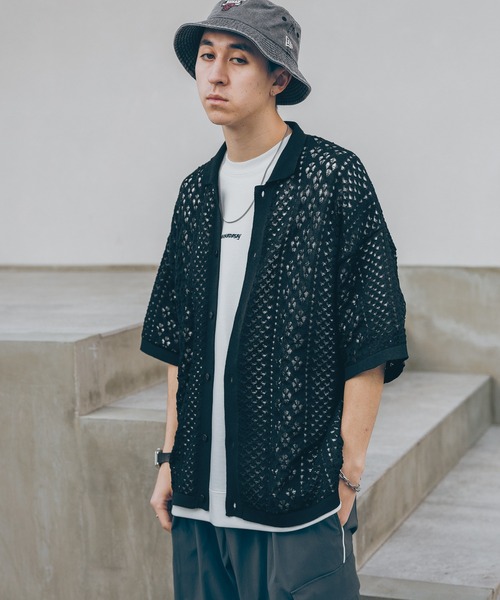 RAGEBLUE(レイジブルー)の「透かし編み/メッシュ/ビッグシルエット/ニットシャツカーディガン(シャツ/ブラウス・メンズ・ホワイト/ブラウン/ブルー/ブラック・MEDIUM/LARGE)」の17枚目の写真