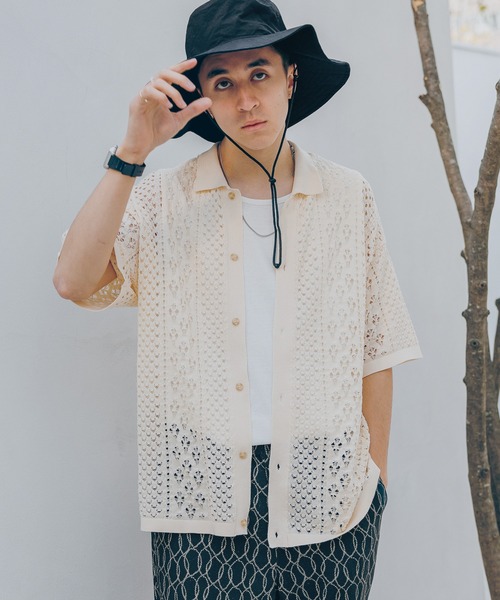 RAGEBLUE(レイジブルー)の「透かし編み/メッシュ/ビッグシルエット/ニットシャツカーディガン(シャツ/ブラウス・メンズ・ホワイト/ブラウン/ブルー/ブラック・MEDIUM/LARGE)」の7枚目の写真