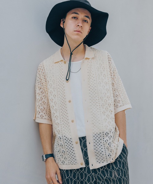 RAGEBLUE(レイジブルー)の「透かし編み/メッシュ/ビッグシルエット/ニットシャツカーディガン(シャツ/ブラウス・メンズ・ホワイト/ブラウン/ブルー/ブラック・MEDIUM/LARGE)」の8枚目の写真