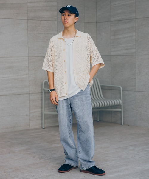 RAGEBLUE(レイジブルー)の「透かし編み/メッシュ/ビッグシルエット/ニットシャツカーディガン(シャツ/ブラウス・メンズ・ホワイト/ブラウン/ブルー/ブラック・MEDIUM/LARGE)」の10枚目の写真