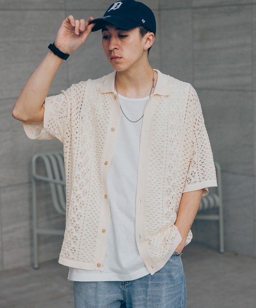 RAGEBLUE(レイジブルー)の「透かし編み/メッシュ/ビッグシルエット/ニットシャツカーディガン(シャツ/ブラウス・メンズ・ホワイト/ブラウン/ブルー/ブラック・MEDIUM/LARGE)」の11枚目の写真