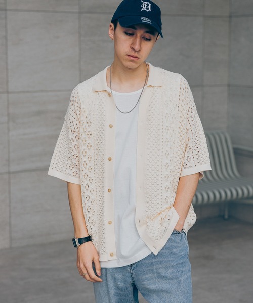 RAGEBLUE(レイジブルー)の「透かし編み/メッシュ/ビッグシルエット/ニットシャツカーディガン(シャツ/ブラウス・メンズ・ホワイト/ブラウン/ブルー/ブラック・MEDIUM/LARGE)」の12枚目の写真