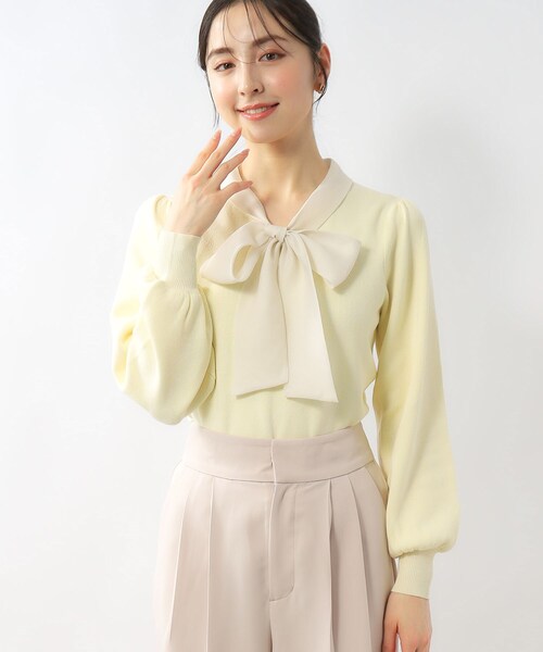 index（インデックス）の「◆チェックボウタイバイカラーニット【洗濯機洗い可】（ニット/セーター・レディース・ライトイエロー系2/チャコールグレー/ホワイト系4・42/40/38/36）」の3枚目の写真