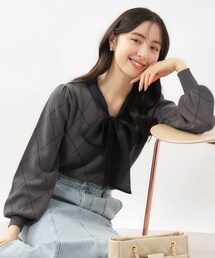 ◆チェックボウタイバイカラーニット【洗濯機洗い可】