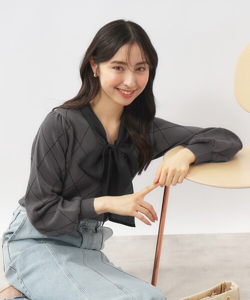 index（インデックス）の「◆チェックボウタイバイカラーニット【洗濯機洗い可】（ニット/セーター・レディース・ライトイエロー系2/チャコールグレー/ホワイト系4・42/40/38/36）」の13枚目の写真