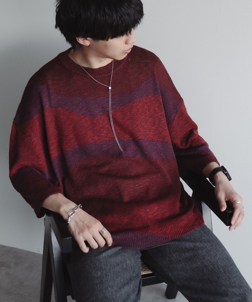 epnok（エプノック）の「インターシャサマーニットTee（ニット/セーター・メンズ・ダークグレー/ブラウン系その他/レッド/ネイビー・SMALL/MEDIUM/LARGE）」の4枚目の写真