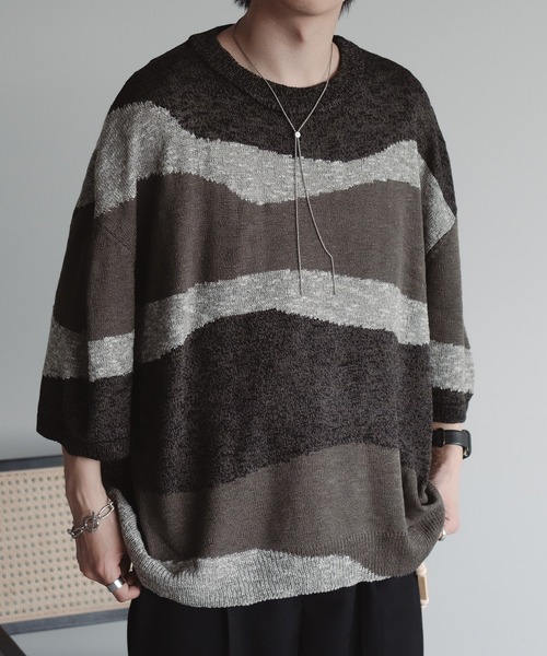 epnok（エプノック）の「インターシャサマーニットTee（ニット/セーター・メンズ・ダークグレー/ブラウン系その他/レッド/ネイビー・SMALL/MEDIUM/LARGE）」の5枚目の写真