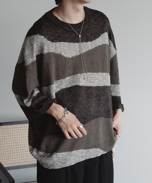 epnok（エプノック）の「インターシャサマーニットTee（ニット/セーター・メンズ・ダークグレー/ブラウン系その他/レッド/ネイビー・SMALL/MEDIUM/LARGE）」の9枚目の写真