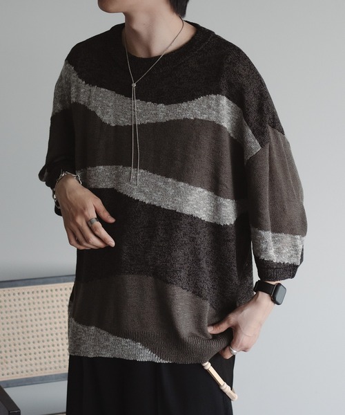 epnok（エプノック）の「インターシャサマーニットTee（ニット/セーター・メンズ・ダークグレー/ブラウン系その他/レッド/ネイビー・SMALL/MEDIUM/LARGE）」の7枚目の写真