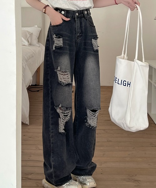 DIAVEL（ディアベル）の「ウエスト調節可能ダメージデニムパンツ（デニムパンツ・レディース・サックスブルー/ダークグレー・S/M/L）」の4枚目の写真