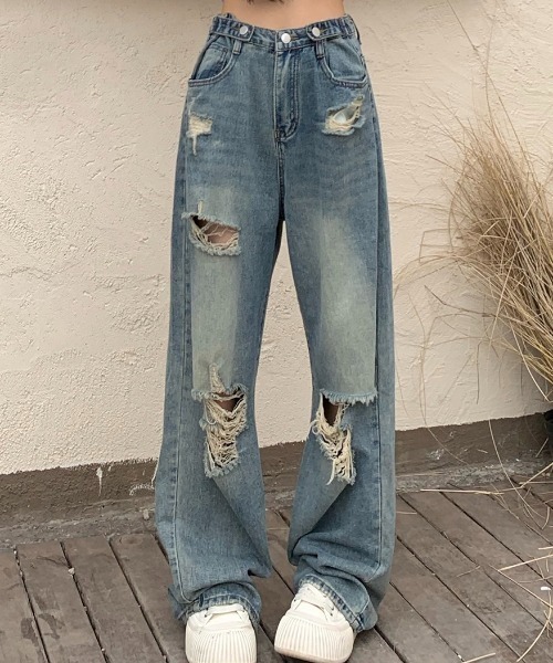 DIAVEL（ディアベル）の「ウエスト調節可能ダメージデニムパンツ（デニムパンツ・レディース・サックスブルー/ダークグレー・S/M/L）」の13枚目の写真