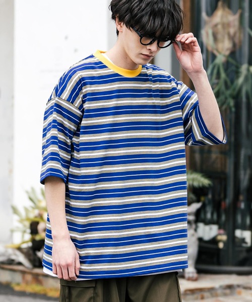 Rocky Monroe（ロッキーモンロー）の「オーバーサイズマルチボーダー半袖Tシャツ（Tシャツ/カットソー・メンズ・グリーン/イエロー/パープル/オフホワイト/チャコールグレー/ブルーグリーン・M/L/LL）」の6枚目の写真