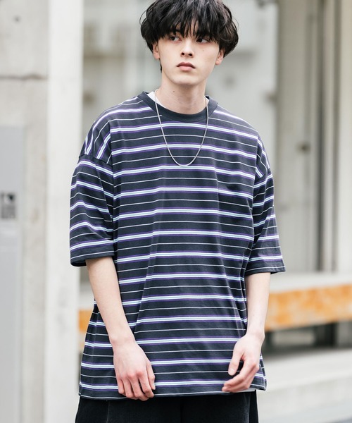 Rocky Monroe（ロッキーモンロー）の「オーバーサイズマルチボーダー半袖Tシャツ（Tシャツ/カットソー・メンズ・グリーン/イエロー/パープル/オフホワイト/チャコールグレー/ブルーグリーン・M/L/LL）」の11枚目の写真