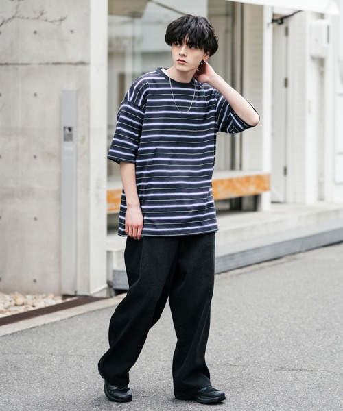 Rocky Monroe（ロッキーモンロー）の「オーバーサイズマルチボーダー半袖Tシャツ（Tシャツ/カットソー・メンズ・グリーン/イエロー/パープル/オフホワイト/チャコールグレー/ブルーグリーン・M/L/LL）」の12枚目の写真