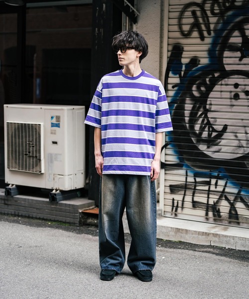 Rocky Monroe（ロッキーモンロー）の「オーバーサイズマルチボーダー半袖Tシャツ（Tシャツ/カットソー・メンズ・グリーン/イエロー/パープル/オフホワイト/チャコールグレー/ブルーグリーン・M/L/LL）」の17枚目の写真