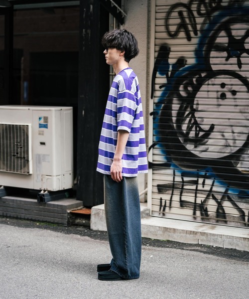 Rocky Monroe（ロッキーモンロー）の「オーバーサイズマルチボーダー半袖Tシャツ（Tシャツ/カットソー・メンズ・グリーン/イエロー/パープル/オフホワイト/チャコールグレー/ブルーグリーン・M/L/LL）」の18枚目の写真