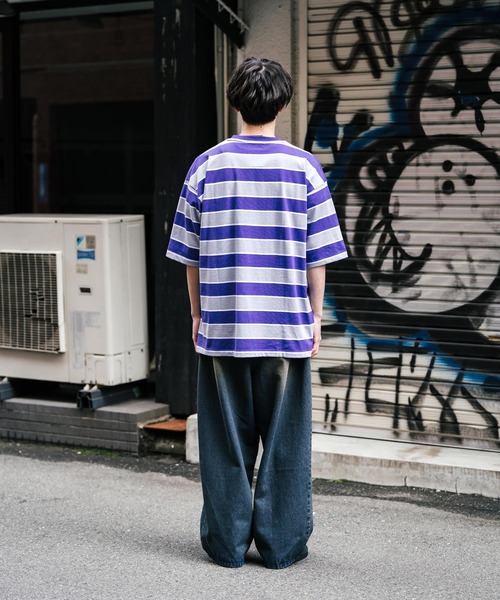 Rocky Monroe（ロッキーモンロー）の「オーバーサイズマルチボーダー半袖Tシャツ（Tシャツ/カットソー・メンズ・グリーン/イエロー/パープル/オフホワイト/チャコールグレー/ブルーグリーン・M/L/LL）」の19枚目の写真