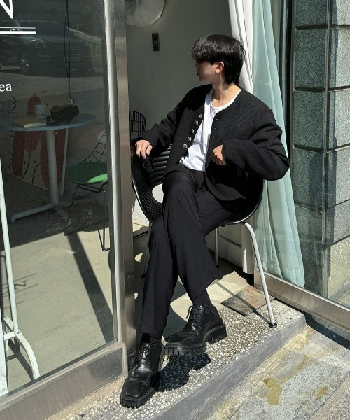 ASCLO(エジュクロ)の「ASCLO 3 TAP CR Crop Tweed Jacket(ノーカラージャケット・メンズ・ブラック・FREE)」の7枚目の写真