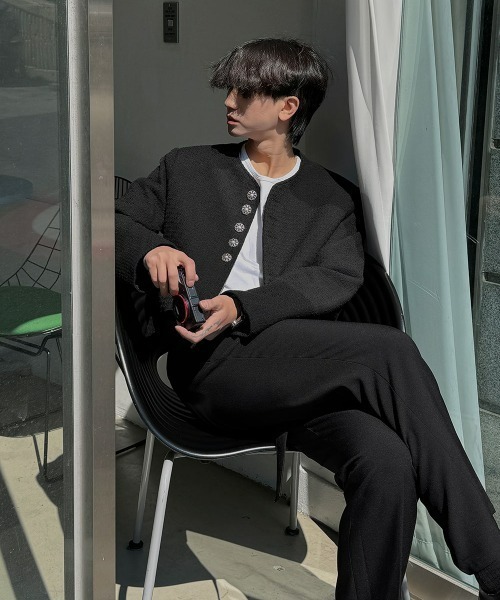 ASCLO(エジュクロ)の「ASCLO 3 TAP CR Crop Tweed Jacket(ノーカラージャケット・メンズ・ブラック・FREE)」の5枚目の写真