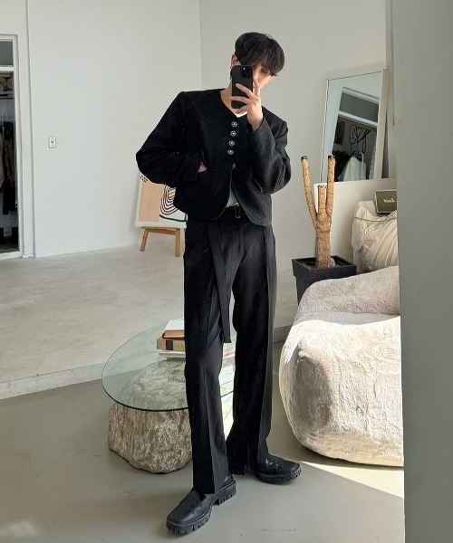 ASCLO(エジュクロ)の「ASCLO 3 TAP CR Crop Tweed Jacket(ノーカラージャケット・メンズ・ブラック・FREE)」の12枚目の写真