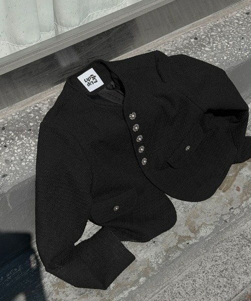 ASCLO(エジュクロ)の「ASCLO 3 TAP CR Crop Tweed Jacket(ノーカラージャケット・メンズ・ブラック・FREE)」の9枚目の写真