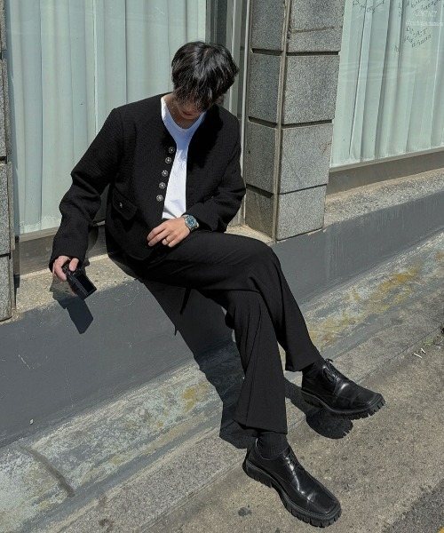 ASCLO(エジュクロ)の「ASCLO 3 TAP CR Crop Tweed Jacket(ノーカラージャケット・メンズ・ブラック・FREE)」の6枚目の写真