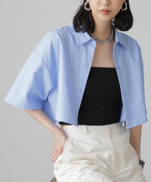 FREE'S MART（フリーズマート）の「◆クロップド半袖シャツ（シャツ/ブラウス・レディース・ブルー/グレー/ホワイト・FREE）」の3枚目の写真